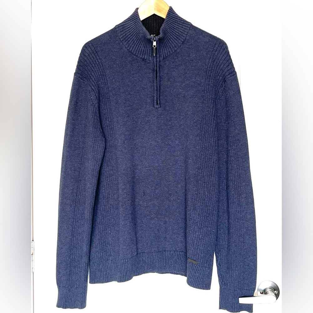 Calvin Klein Men's Blue 100% Cotton 1/4 Zip Pullover Sweater XL Mock Neck Preppy